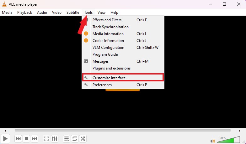 Accessing Customize Interface Option in VLC