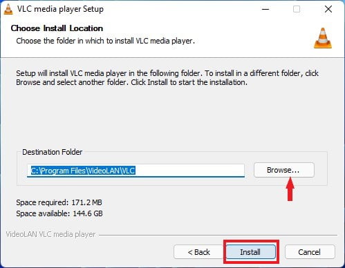 Select Installation Locatin for VLC Media Player