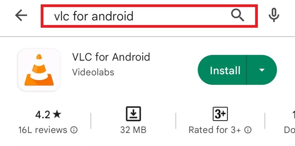 Searching for VLC on Google Play Store