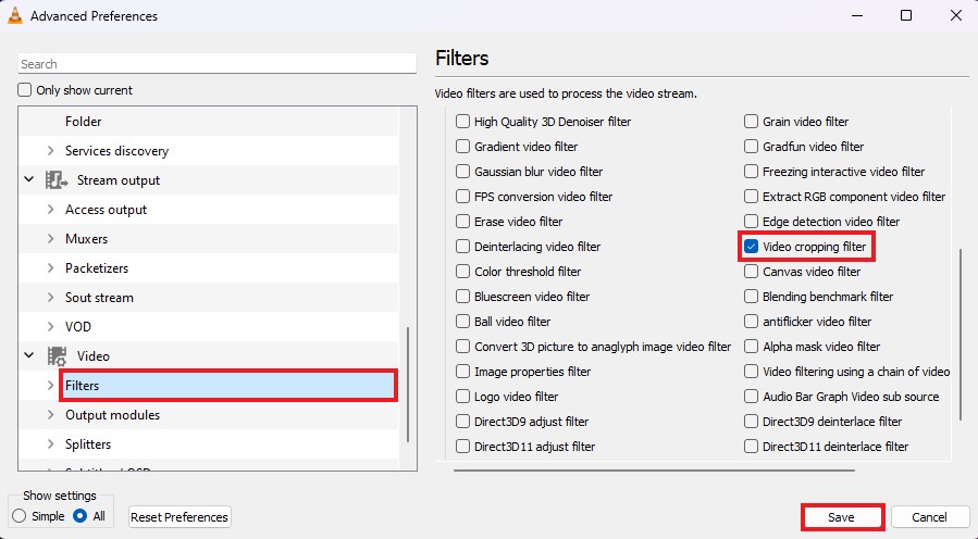 Settings to Change the Video Cropping Filter
