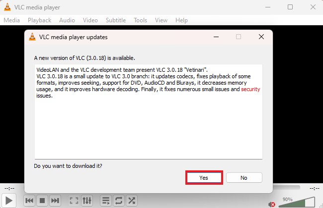 A Notification pop-up with VLC Media Player Update