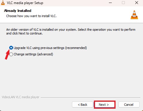 A Screenshot Showing to Upgrade VLC using the Previous Settings
