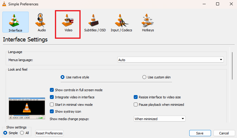 Video Settings on VLC Media Player
